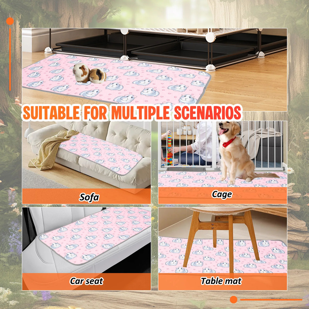 Reusable absorbent cage liner for guinea pigs and small pets shown in various scenarios like a sofa, car seat, and table mat.