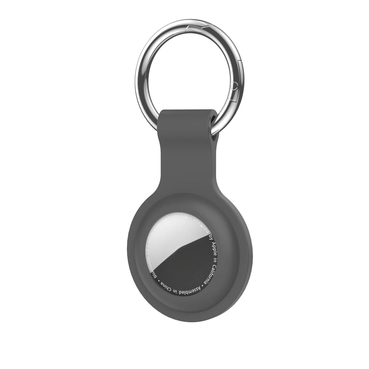 A silicone AirTag protective cover attached to a metal keychain ring.
