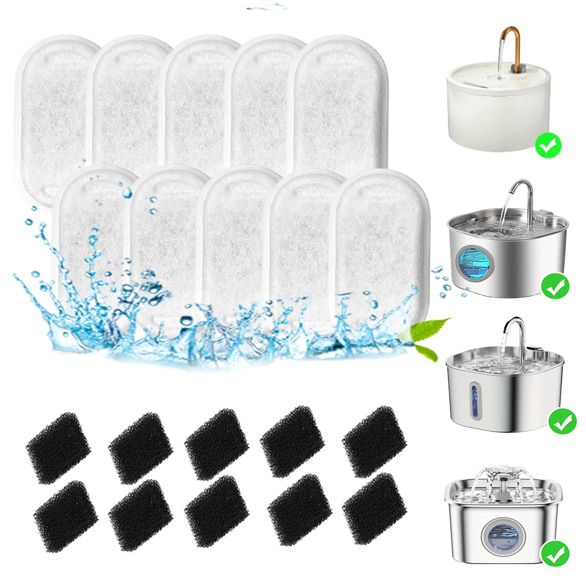 Set of replacement filters for 2.2L pet water fountains, including silicone and carbon filters.