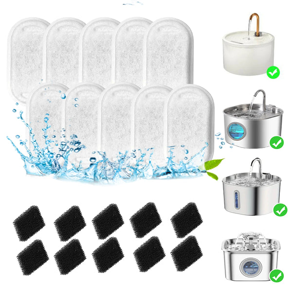Set of replacement filters for 2.2L pet water fountains, including silicone and carbon filters.