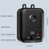 A black ultrasonic dog bark deterrent device showing various features like a speaker, bark sensors, Type-C charging hole, swi