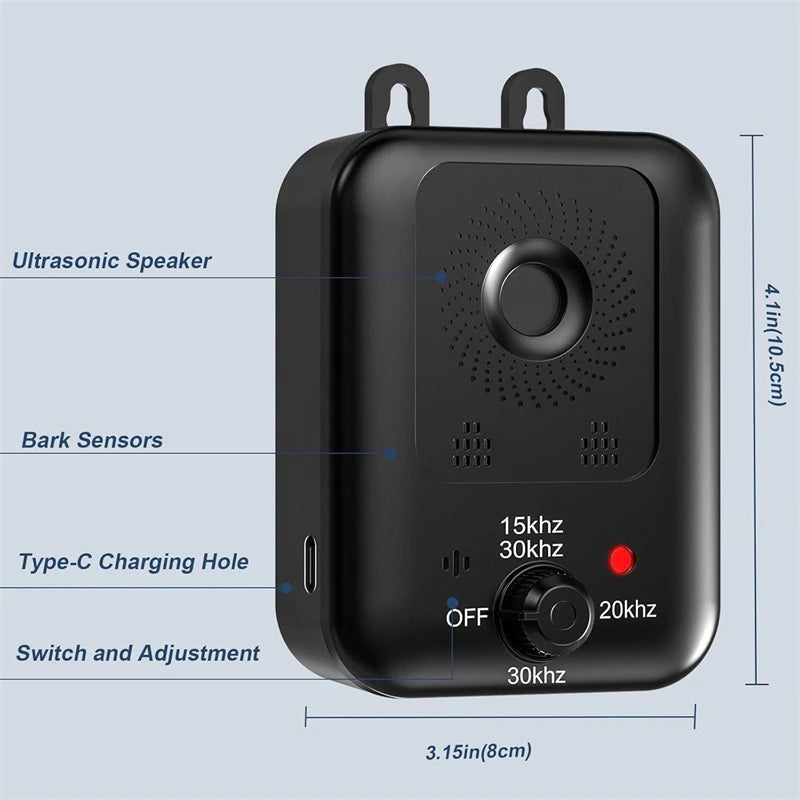 A black ultrasonic dog bark deterrent device showing various features like a speaker, bark sensors, Type-C charging hole, swi