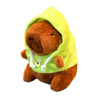 A brown capybara plush doll wearing a lime green hoodie with white wings.