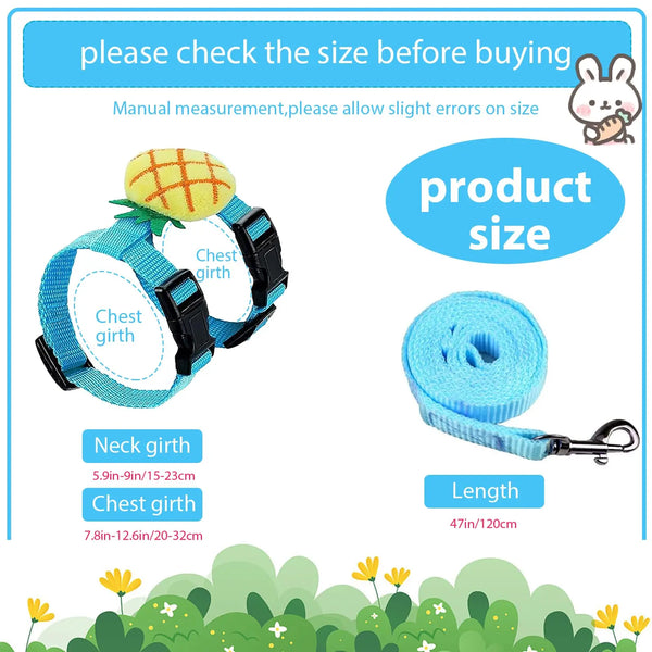 A set of blue pet harnesses and a leash, including a neck girth and chest girth option for an adjustable bunny pet.
