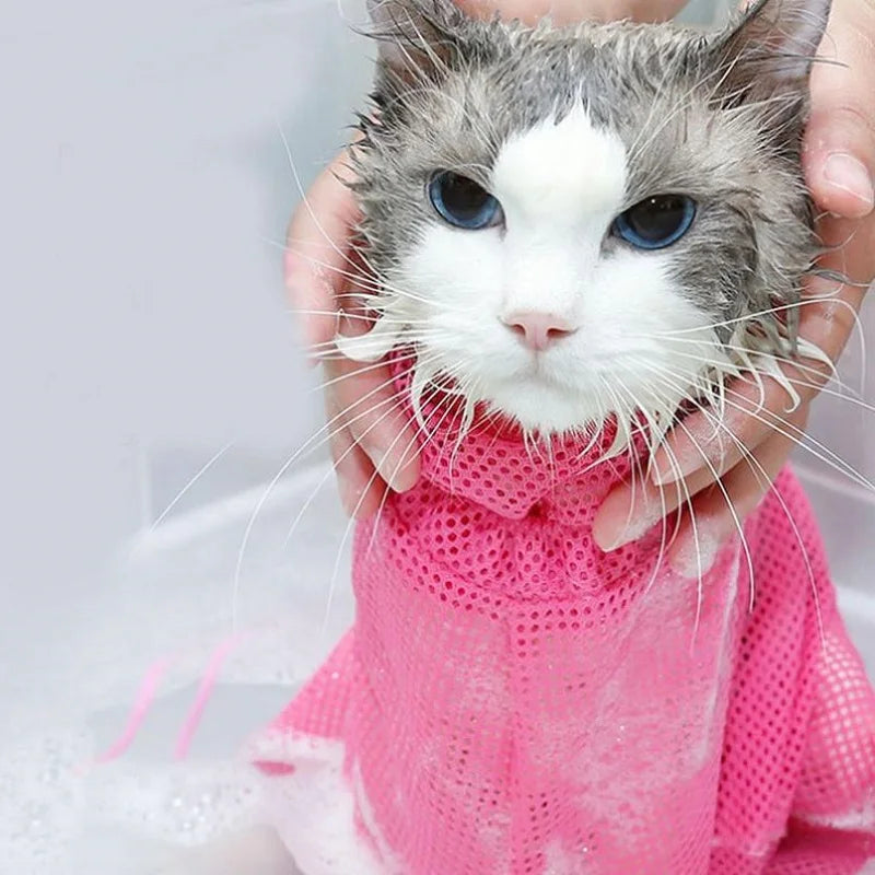 A gray and white cat is being held by a hand, wearing a pink mesh grooming bag.