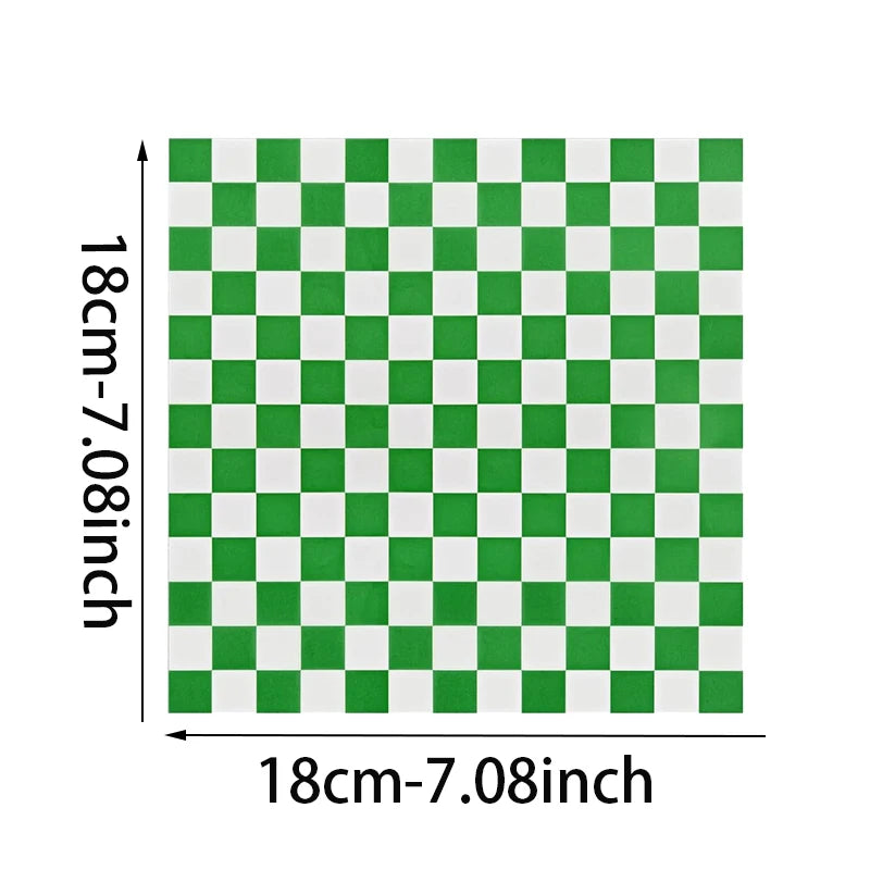 A green and white checkerboard pattern of oil-proof sandwich wrapping paper.