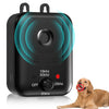 A black ultrasonic dog bark deterrent device with a dial and speaker is shown next to a golden retriever.