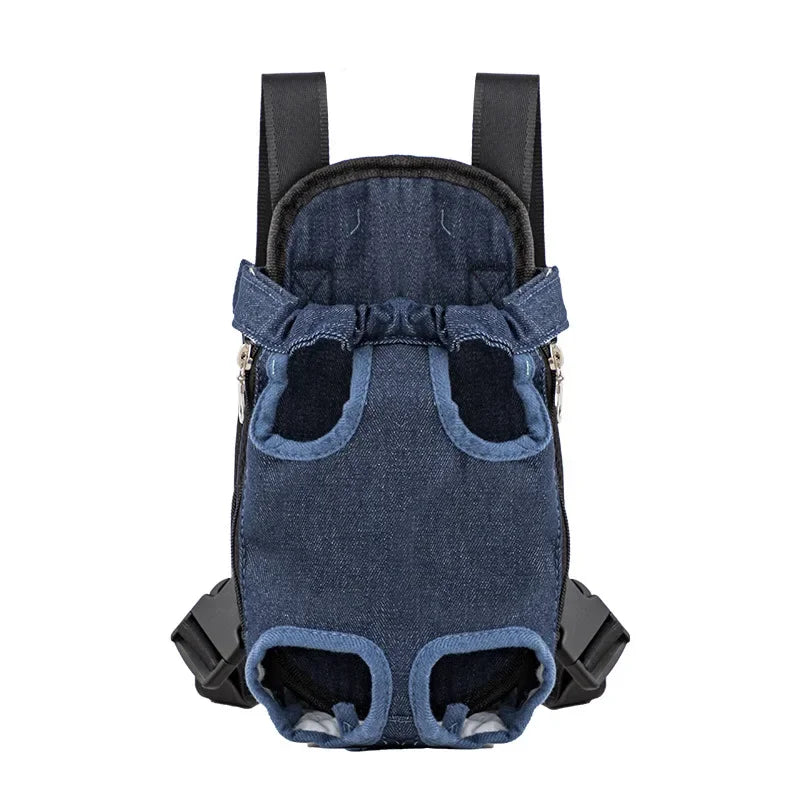 A dark blue fabric backpack carrier designed for transporting cats and dogs.