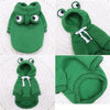 A green pet hoodie designed like a cute frog, shown in various views.