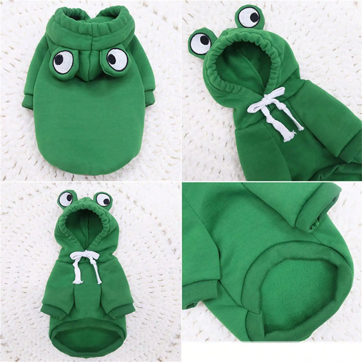 A green pet hoodie designed like a cute frog, shown in various views.