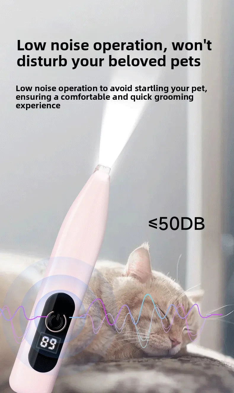 A pink electric pet hair trimmer is shown near a sleeping cat, emphasizing low noise operation for grooming.