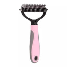 A pink stainless steel pet deshedding comb with black handles.