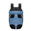 A blue fabric backpack carrier designed for transporting cats or dogs.