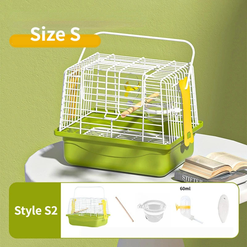 A green portable bird carrier bag in size S with a white wire cage and accessories.