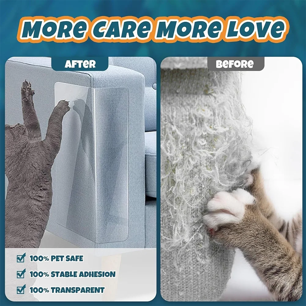 After and before images showing a transparent cat scratch deterrent tape protecting furniture.