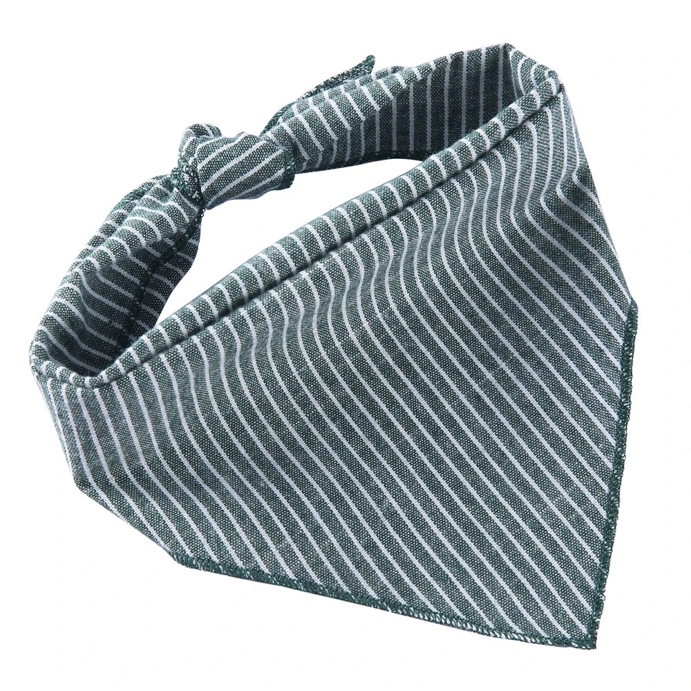 A grey and white striped cotton dog bandana with an adjustable fit.