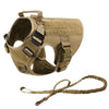 A tan tactical dog harness with a padded collar and attached MOLLE pouches shown from above.