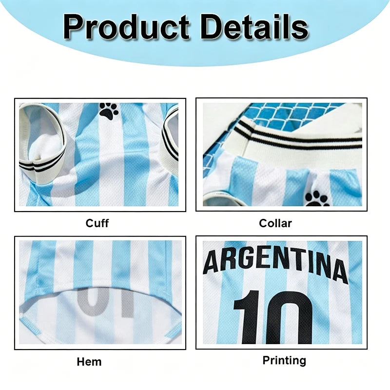 Détails d'un maillot de football argentin pour chiens et chats, montrant le poignet, le col, l'ourlet et l'impression