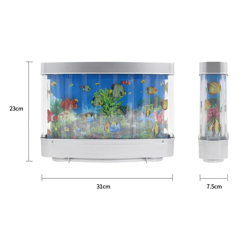Lumière de nuit d'aquarium de poissons tropicaux en acrylique transparent avec fond bleu et poissons colorés.