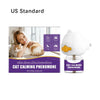 White cat calming pheromone diffuser device with a yellow accent, shown next to a woman.