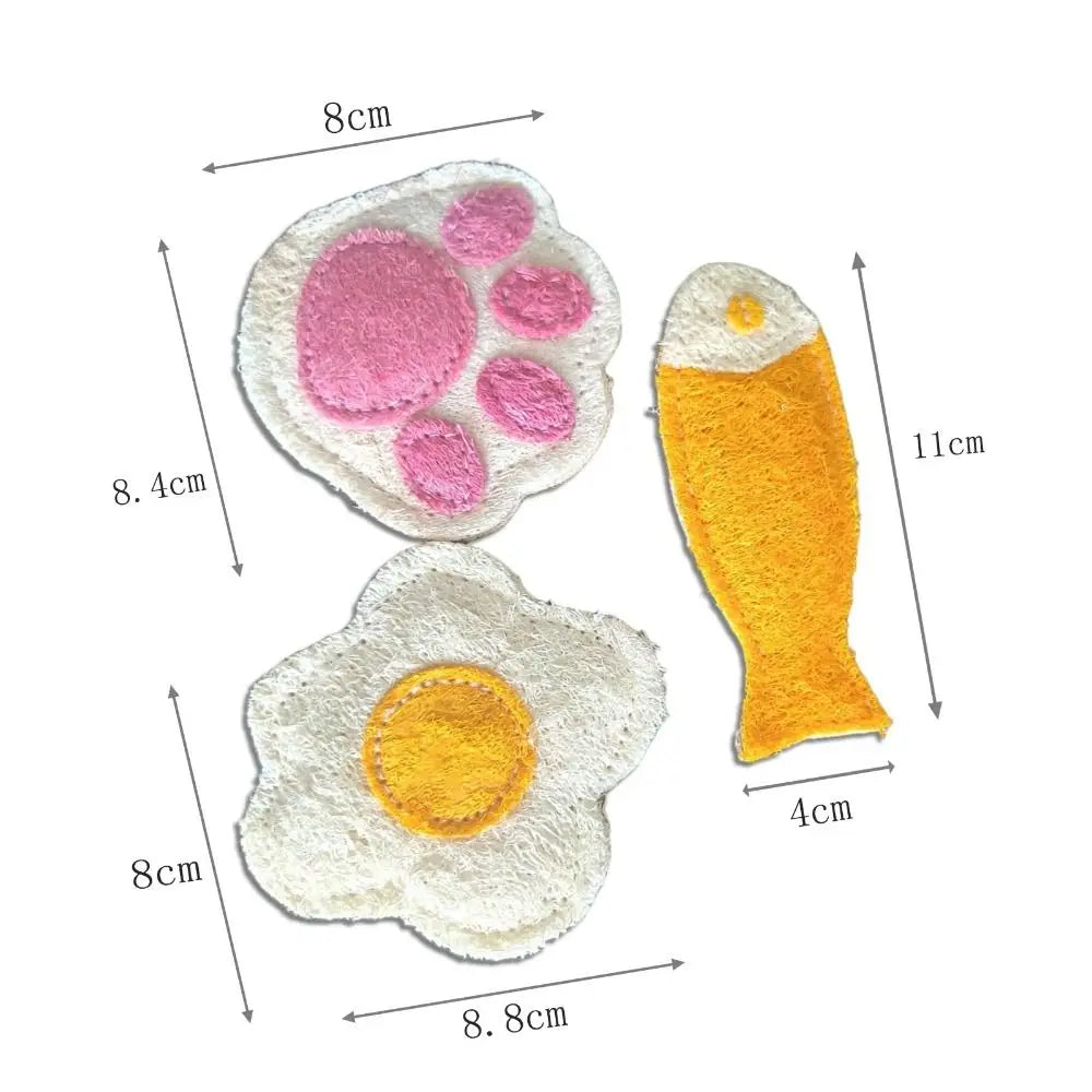 Three natural loofah cat chew toys shaped like paws, eggs, and a fish with catnip.
