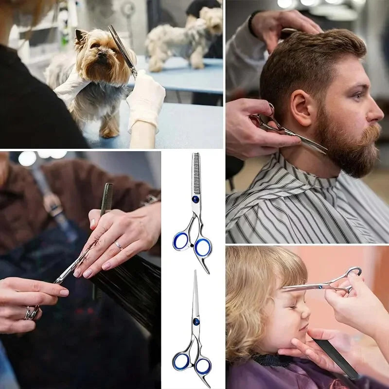 Primeros planos de tijeras de peluquería de acero inoxidable profesionales siendo usadas por estilistas en diversas texturas 