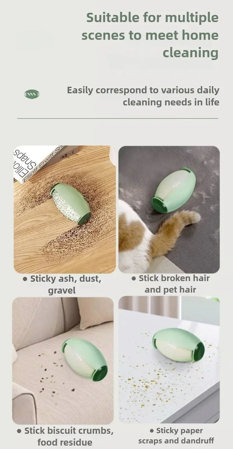 A green reusable silicone roller for cleaning various household messes like ash, dust, food residue, and pet hair.
