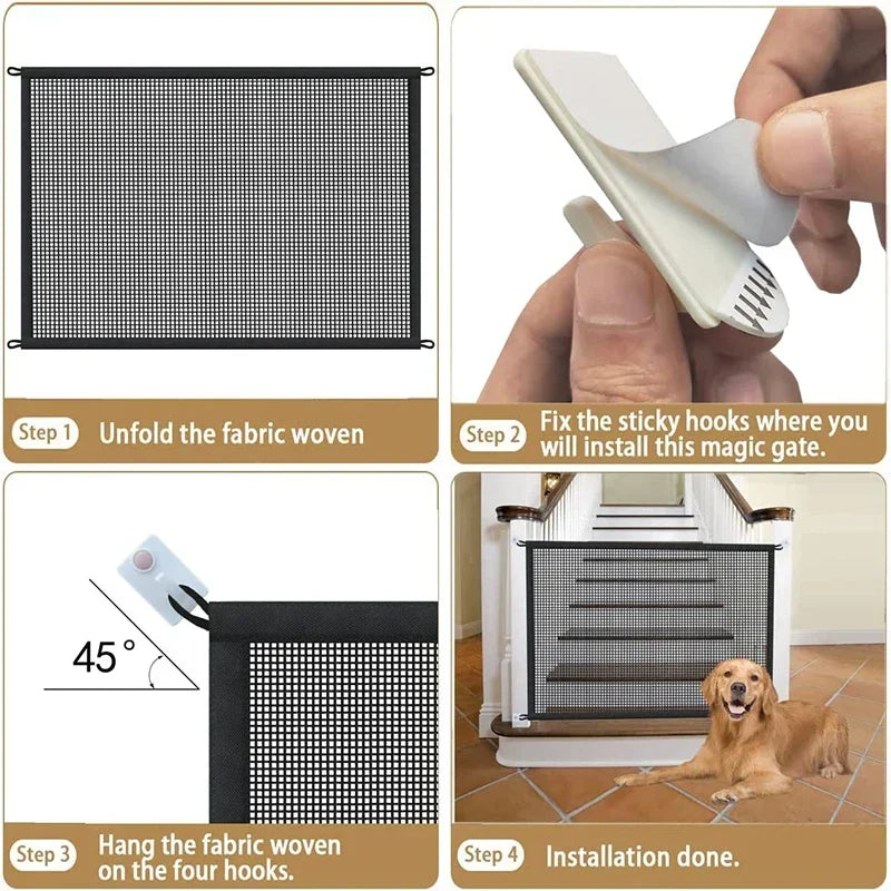 Instructions for installing a folding pet safety fence using adhesive hooks on a window or door.