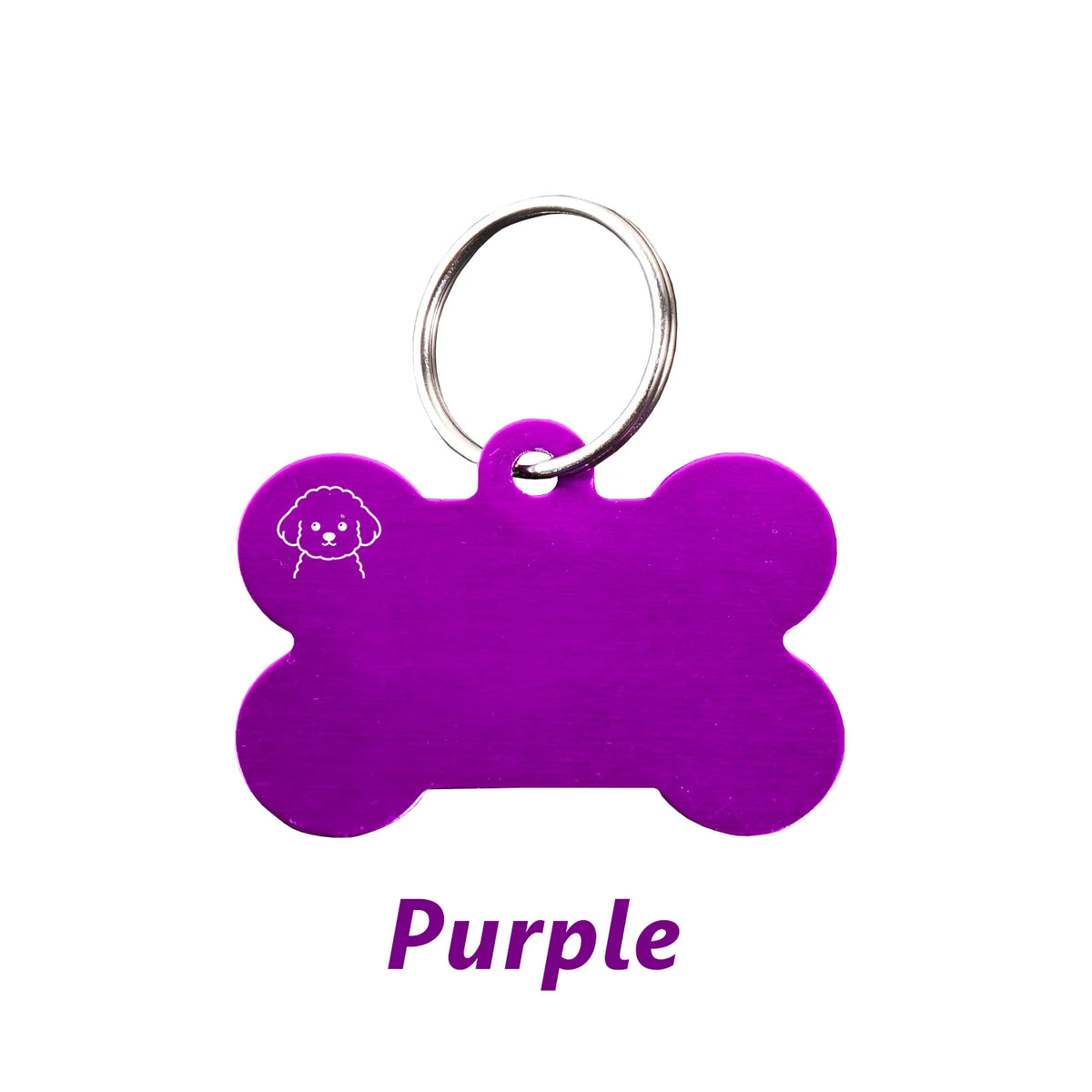 Purple bone-shaped dog ID tag with a silver keyring.