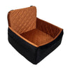 A brown quilted dog car seat with a black exterior and removable orthopedic cushion.