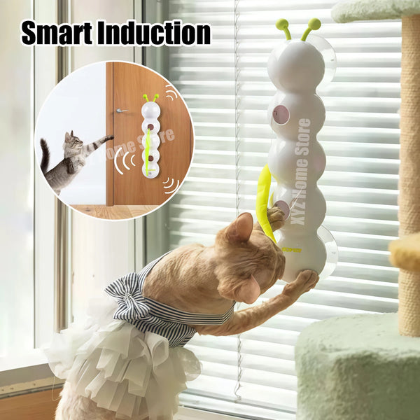 Eine Streifkatze interagiert mit einem intelligenten Induktionsspielzeug mit leuchtenden Kugeln und Bewegungssensoren.