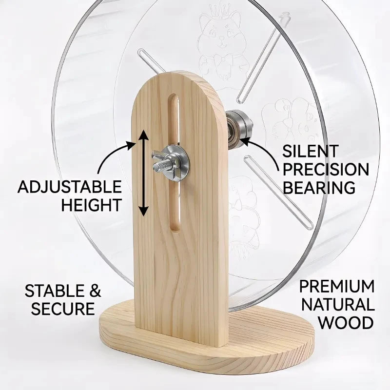 A wooden hamster silent running wheel with an adjustable height and a stable base.