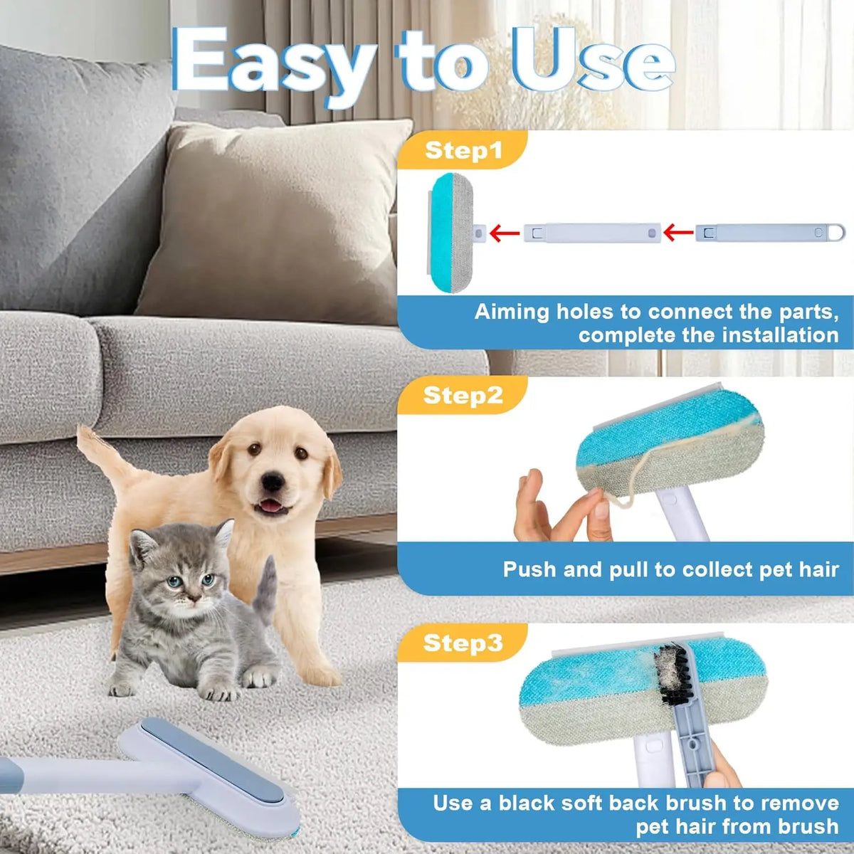 A step-by-step guide showing how to use a 4-in-1 pet hair remover brush for pet hair removal.
