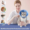 A woman holds a gray cat in a blue cone collar, demonstrating its use for pet protection.