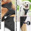 A black padded dog traction chest harness is shown on a dog and in close-up views.
