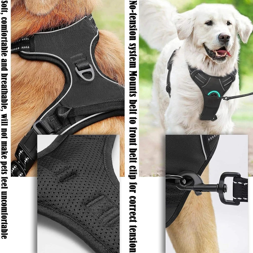 A black padded dog traction chest harness is shown on a dog and in close-up views.