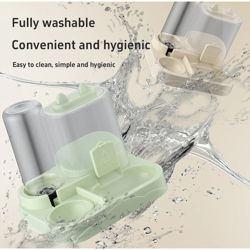 A fully washable 2-in-1 automatic pet water and food feeder is shown being washed under running water.