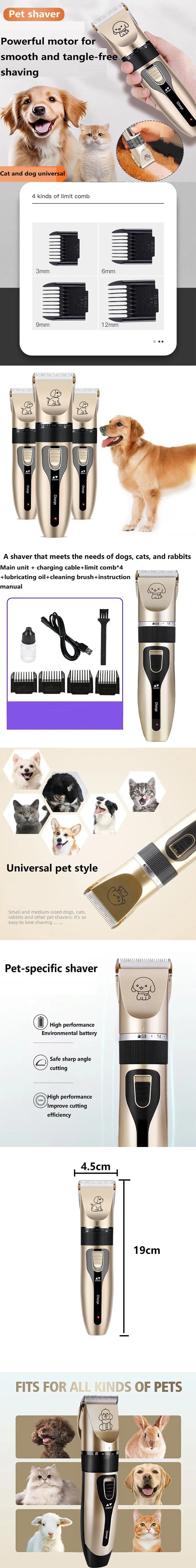 A cordless pet hair clipper shown in various sizes and usage contexts for dogs, cats, and rabbits.