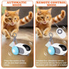 A fluffy orange cat is running alongside an automatic pet toy car, demonstrating its movement.