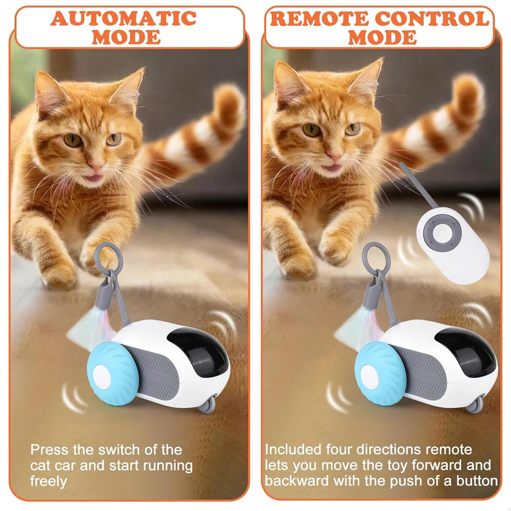 A fluffy orange cat is running alongside an automatic pet toy car, demonstrating its movement.