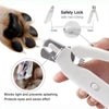 A white pet nail trimmer and grinder tool is shown with a safety lock feature, demonstrating its use for safe nail cutting.