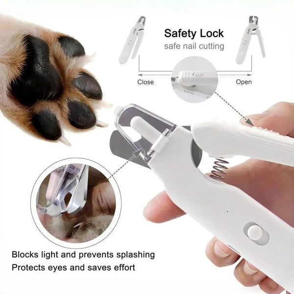 A white pet nail trimmer and grinder tool is shown with a safety lock feature, demonstrating its use for safe nail cutting.