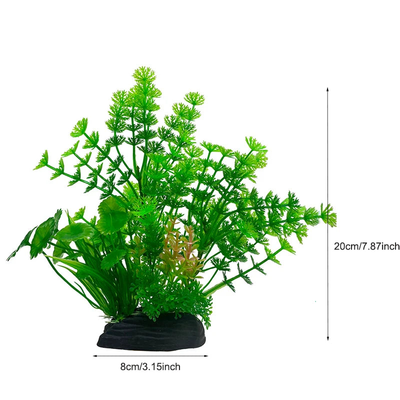 Plantes décoratives aquatiques artificielles avec un feuillage vert vif, présentées dans un pot noir.