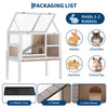 A white two-story wooden guinea pig cage with a stand, including a plastic tray, ramp, and rest house.