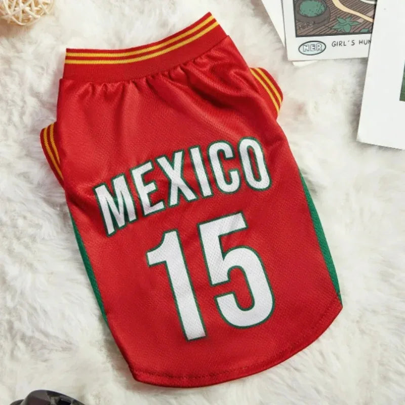 Red and green dog sports jersey with the word MEXICO and the number 15