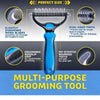 Blue multi-purpose grooming tool featuring dual-sided teeth for pet mats and thinning hair