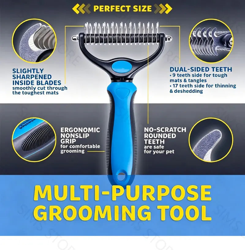 Blue multi-purpose grooming tool featuring dual-sided teeth for pet mats and thinning hair
