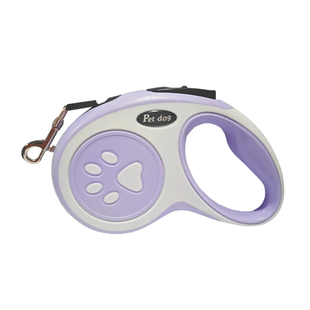 Laisse rétractable en nylon violet et blanc pour petits et moyens chiens et chats.