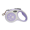 Correa retráctil de nylon morada y blanca para perro con diseño de huella de pata.