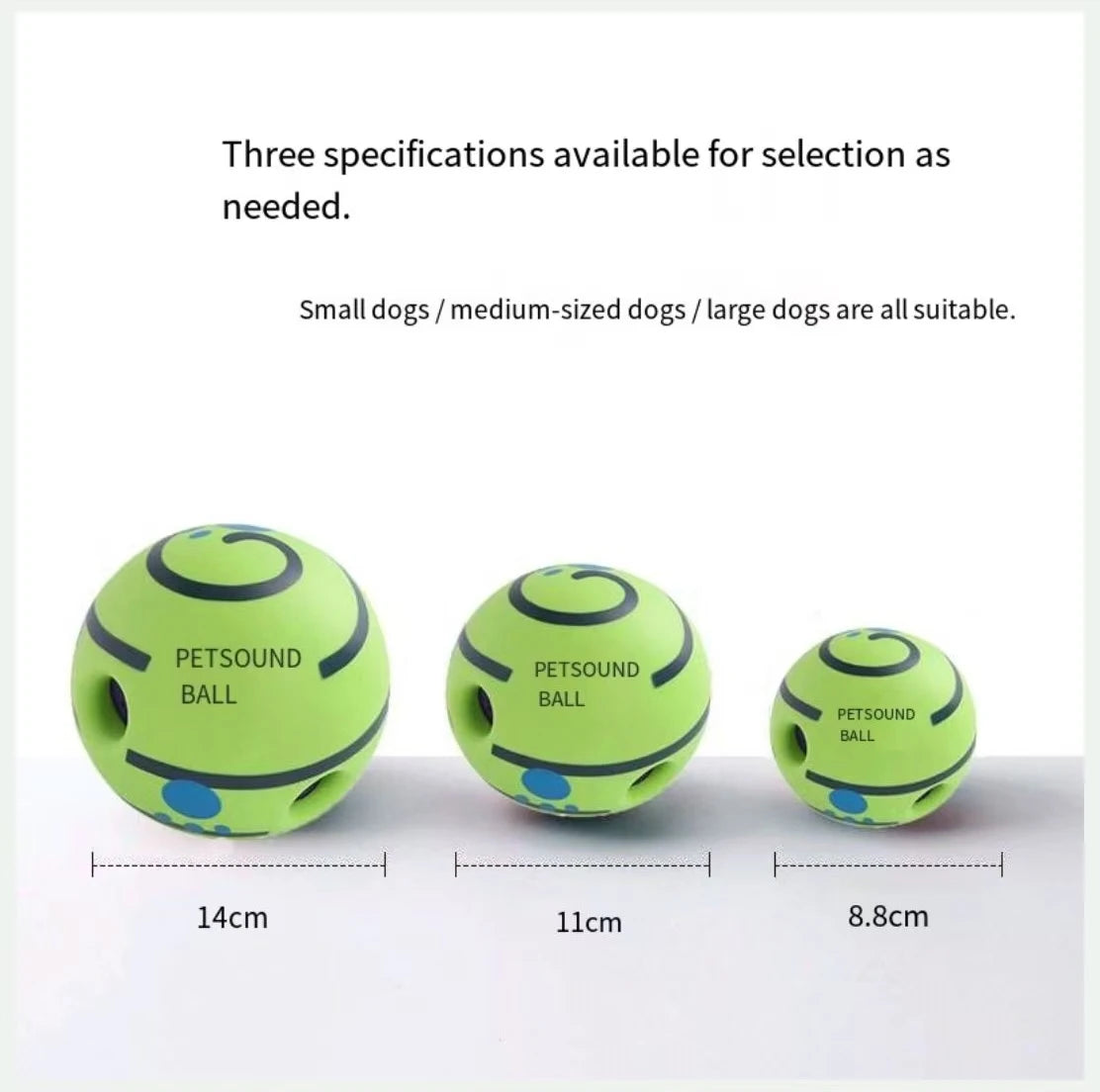 Trois tailles de boules sonores vertes pour animaux : diamètres de 14 cm, 11 cm et 8,8 cm.